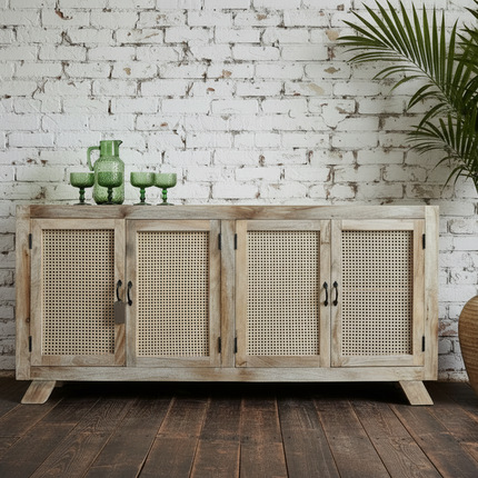 Rattan & wood 4 door sideboard UK - Elderflower Lane