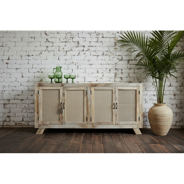 Rattan & wood 4 door sideboard UK - Elderflower Lane