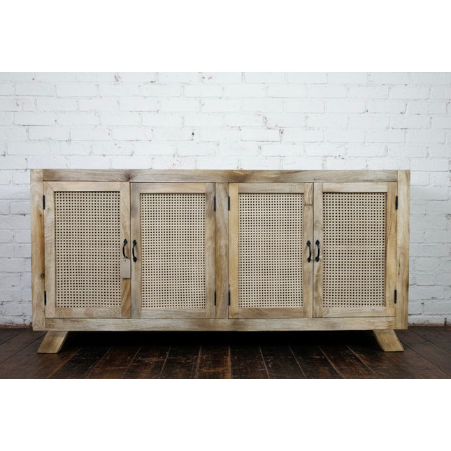 Large Rattan & Wood 4 Door Sideboard Cabinet 180cm