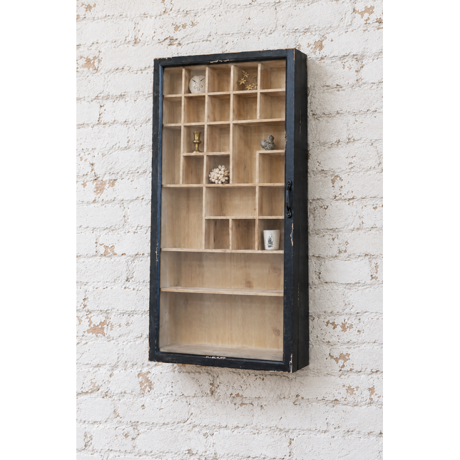 Glass Fronted Black Rustic Wood Wall Display Cabinet - Elderflower Lane