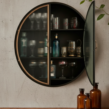 Round Black Metal Wall Cabinet | Reeded Glass Doors | 98cm - Elderflower Lane UK