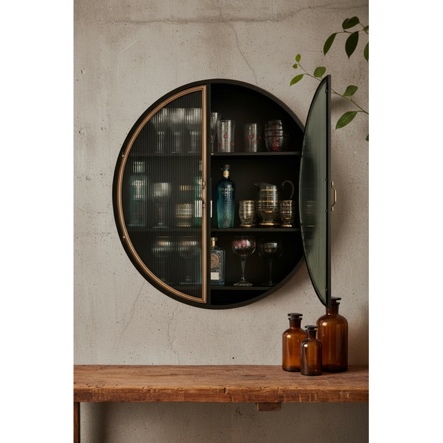 Round Black Metal Wall Cabinet with Ribbed Glass Doors