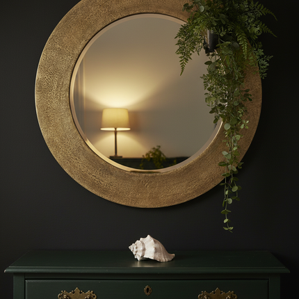 Round Gold Wall Mirror — Champagne Textured Aluminium Frame -79cm