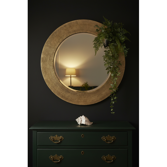 Round Gold Wall Mirror — Champagne Textured Aluminium Frame -79cm
