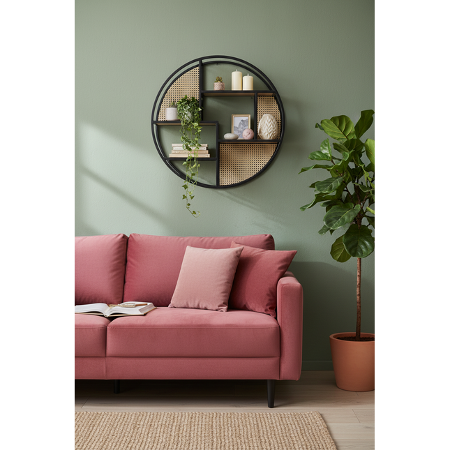 Black Metal & Rattan Wall Shelf - Elderflower Lane UK