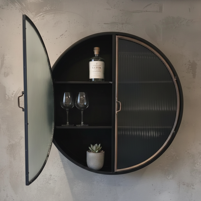 Black metal round wall cabinet with ribbed glass doors UK - Elderflower Lane