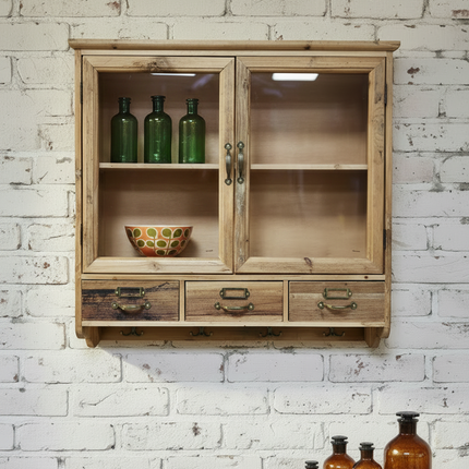 Glass Fronted Rustic Wood Wall Display Cabinet