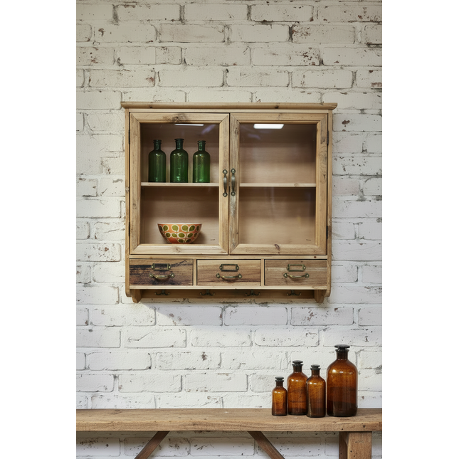 Glass Fronted Rustic Wood Wall Display Cabinet