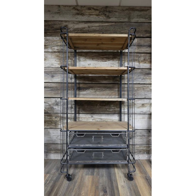 Tall 4 tier caged metal & wood baker display shelves