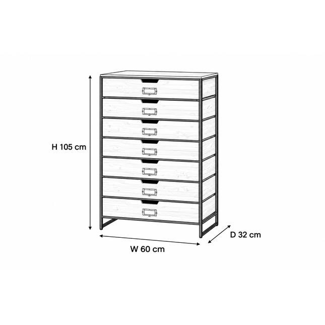 Chest of 7 Drawers — Black Metal & Wood