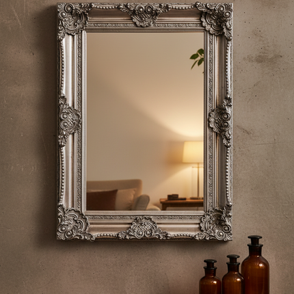 Large Silver Ornate Wall Mirror | Baroque Carved Wood Frame - Elderflower Lane UK