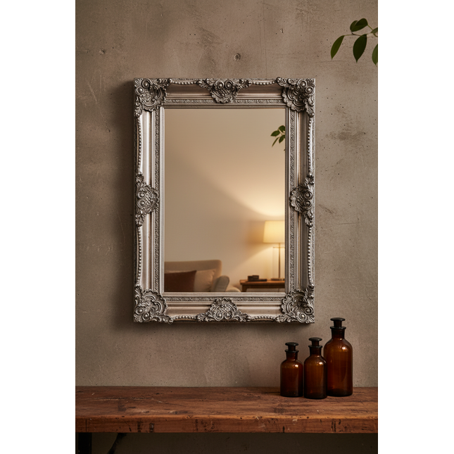 Large Silver Ornate Wall Mirror | Baroque Carved Wood Frame - Elderflower Lane UK