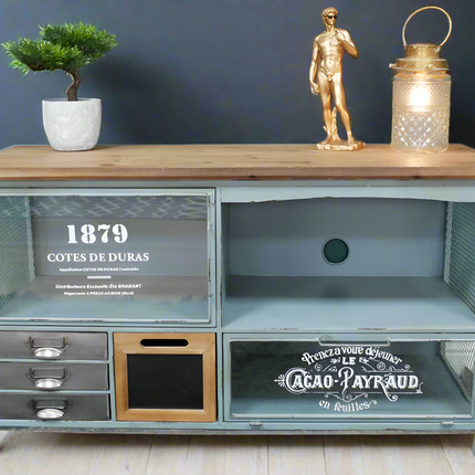 Small stylish green metal & wood tv storage stand