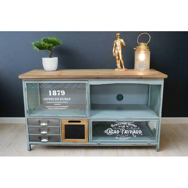 Small stylish green metal & wood tv storage stand