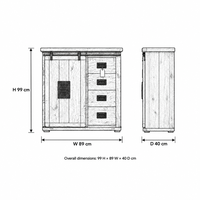 Rustic Wood & Iron Storage Cabinet | 4 Drawers & Cupboard