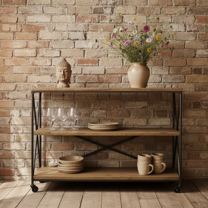 Rustic wood 3 tier shelving trolley on wheels UK - Elderflower Lane
