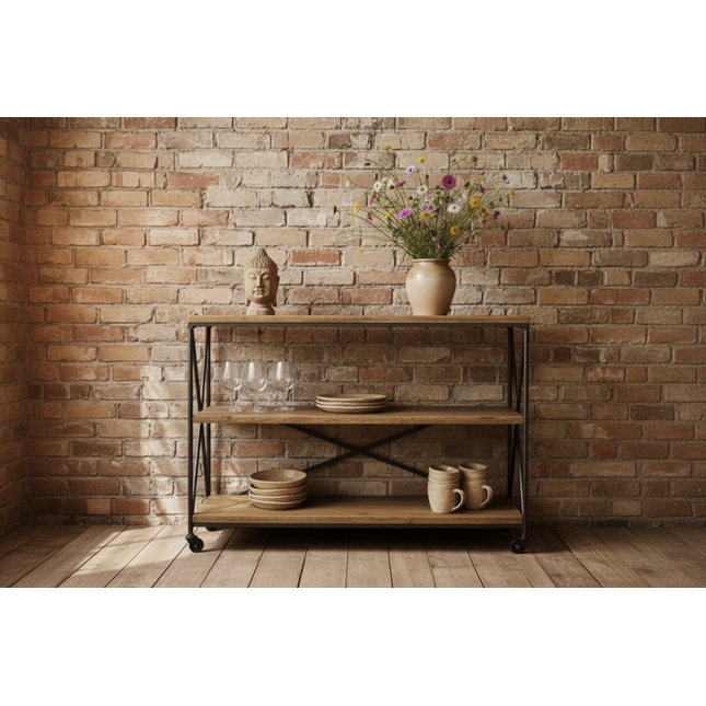 Rustic wood 3 tier shelving trolley on wheels UK - Elderflower Lane