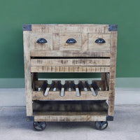 Rustic wood wine drinks cabinet on wheels