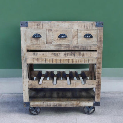 Rustic wood wine drinks cabinet on wheels