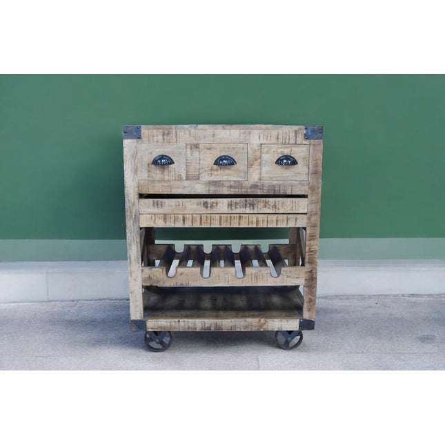 Rustic wood wine drinks cabinet on wheels