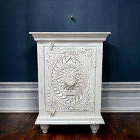 White carved wood ornate side cabinet