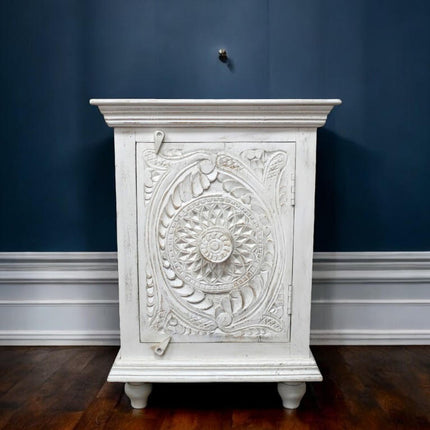 Pair of carved wood white ornate bedside cabinets.
