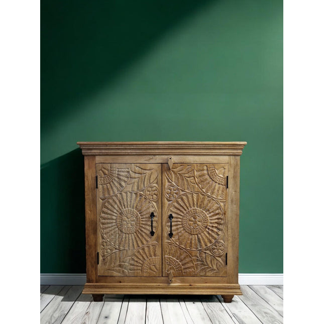 Natural wood ornate carved 2 door cupboard