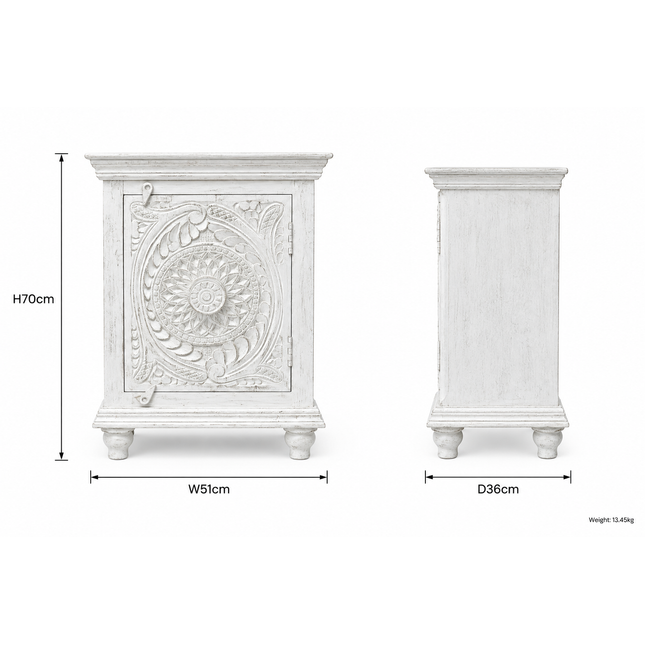 White Hand Carved Mango Wood Side Cabinet - Elderflower Lane