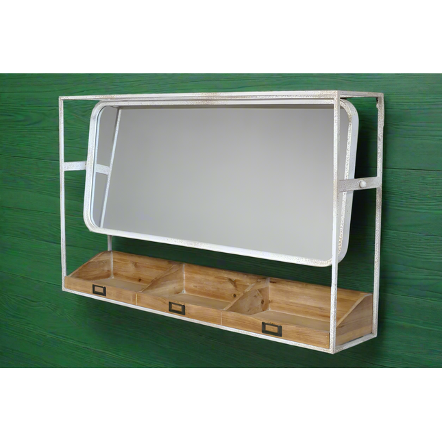 white metal wall mirror with shelf