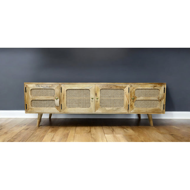 Rustic wood & rattan wide Tv storage cabinet