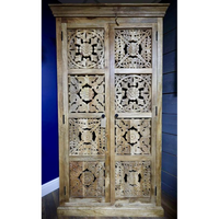 Tall ornate carved natural wood storage cupboard - Back in stock September