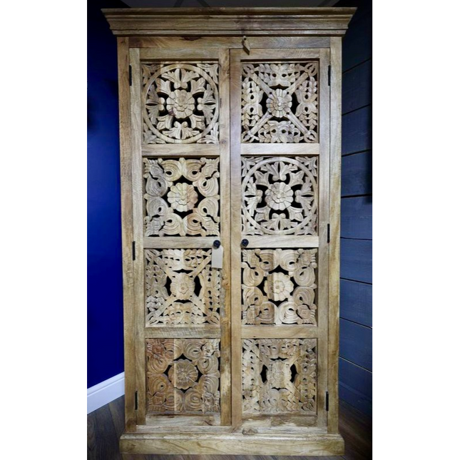 Tall ornate carved natural wood storage cupboard - Back in stock September