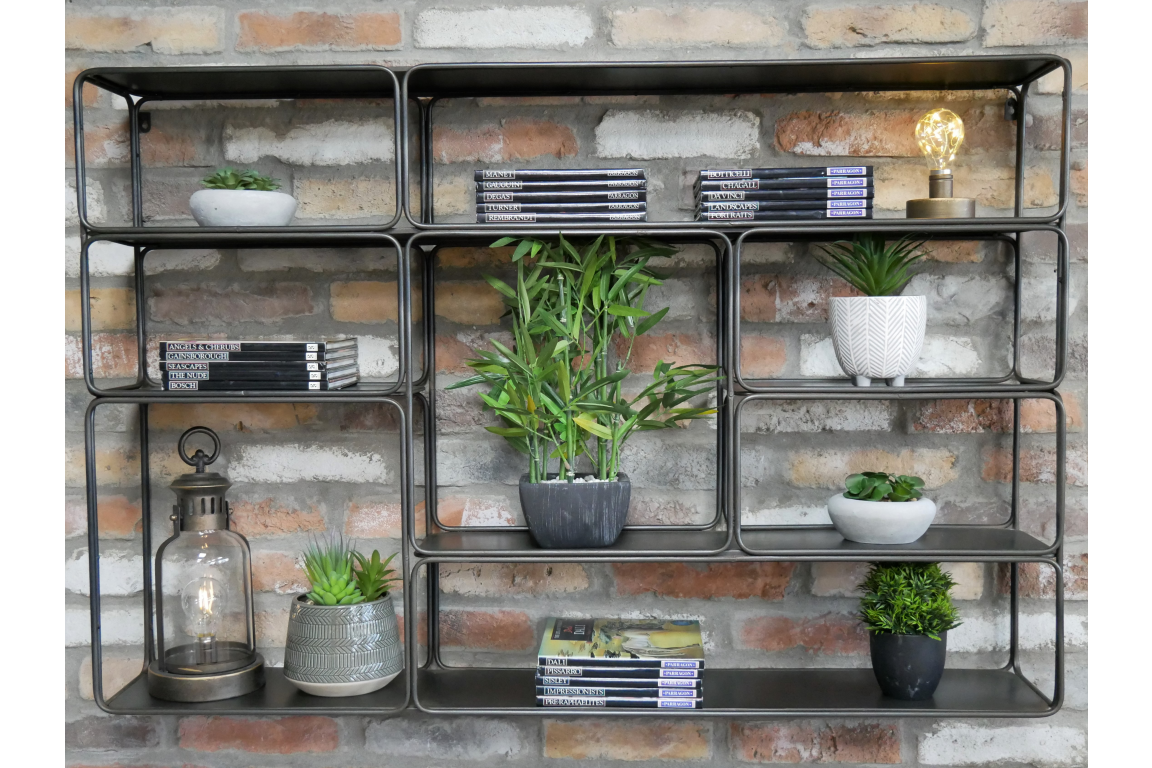 Industrial metal wall shelving unit. Elderflower Lane