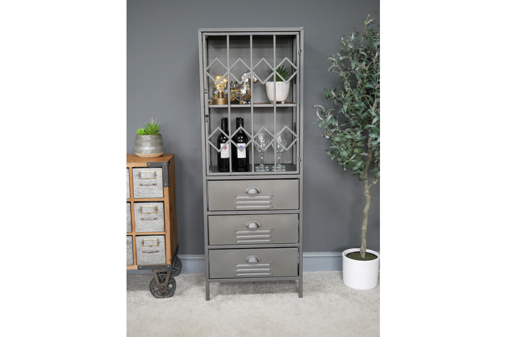 Tall slim Industrial grey metal storage display cabinet
