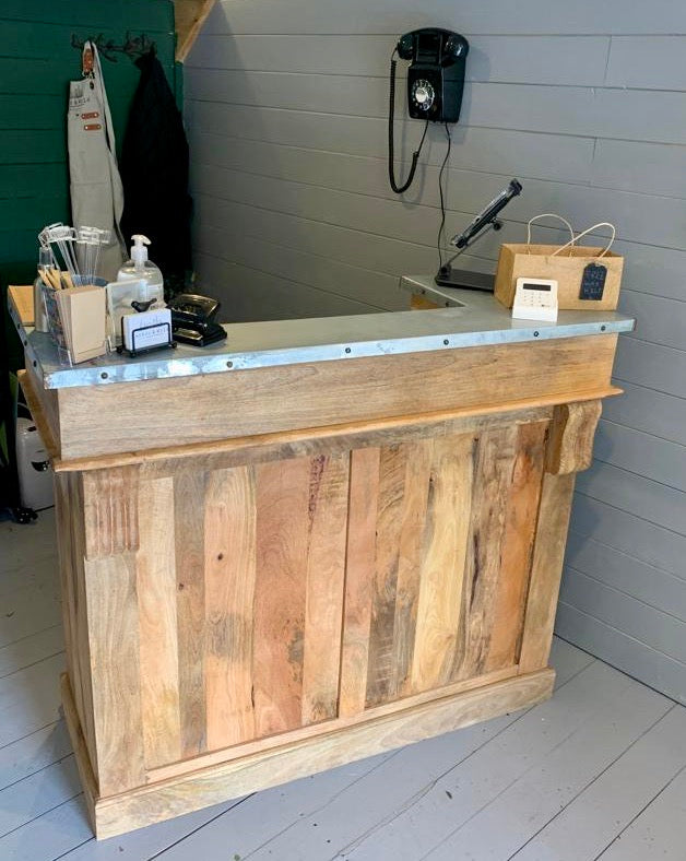 Large wood & zinc topped rustic industrial home bar - reception desk - counter cabinet