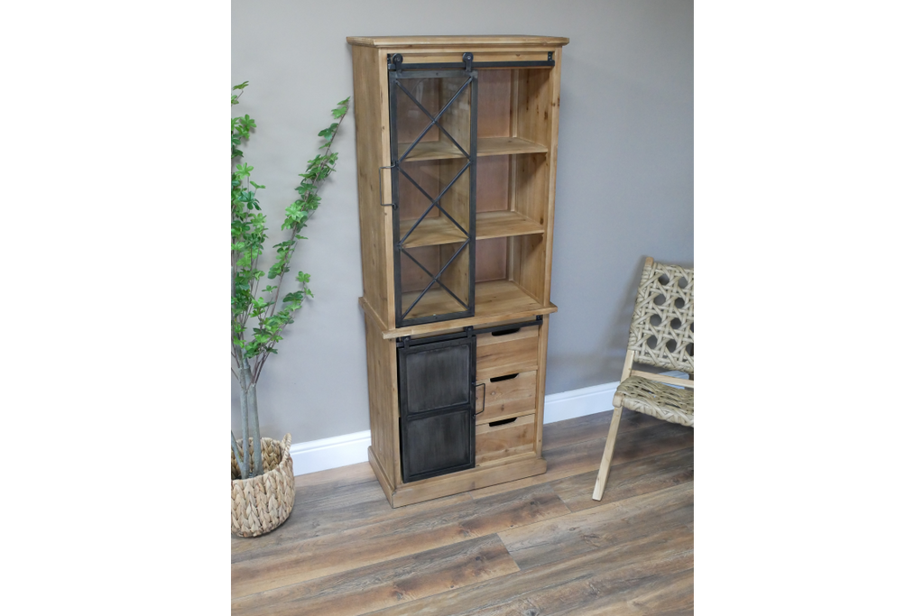 Tall slim rustic wood glass fronted display storage cabinet