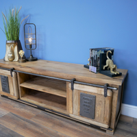 Big Industrial iron & wood TV storage cabinet.
