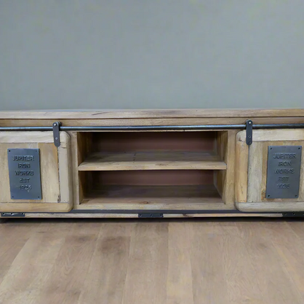 Big Industrial iron & wood TV storage cabinet.