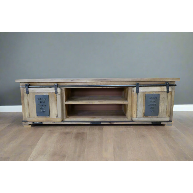Big Industrial iron & wood TV storage cabinet.