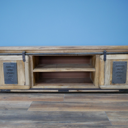 Big iron & wood tv storage cabinet