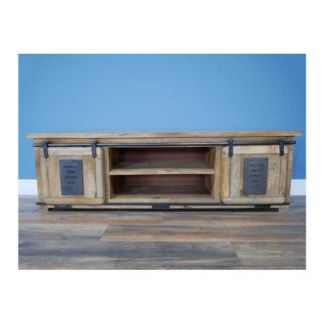 Big iron & wood tv storage cabinet