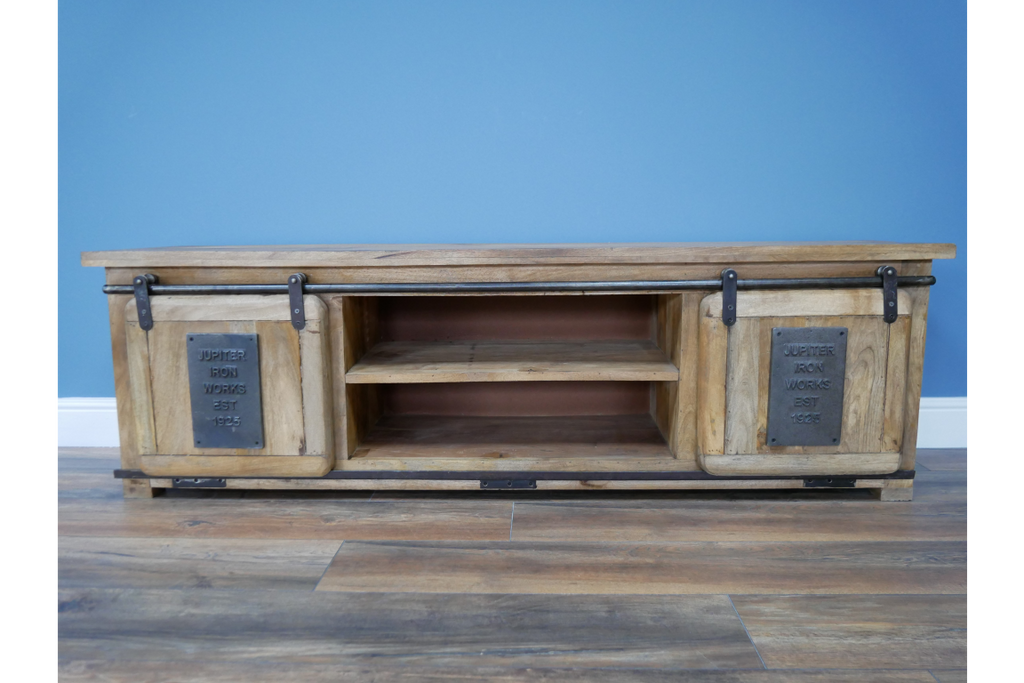 Big Industrial iron & wood TV storage cabinet.