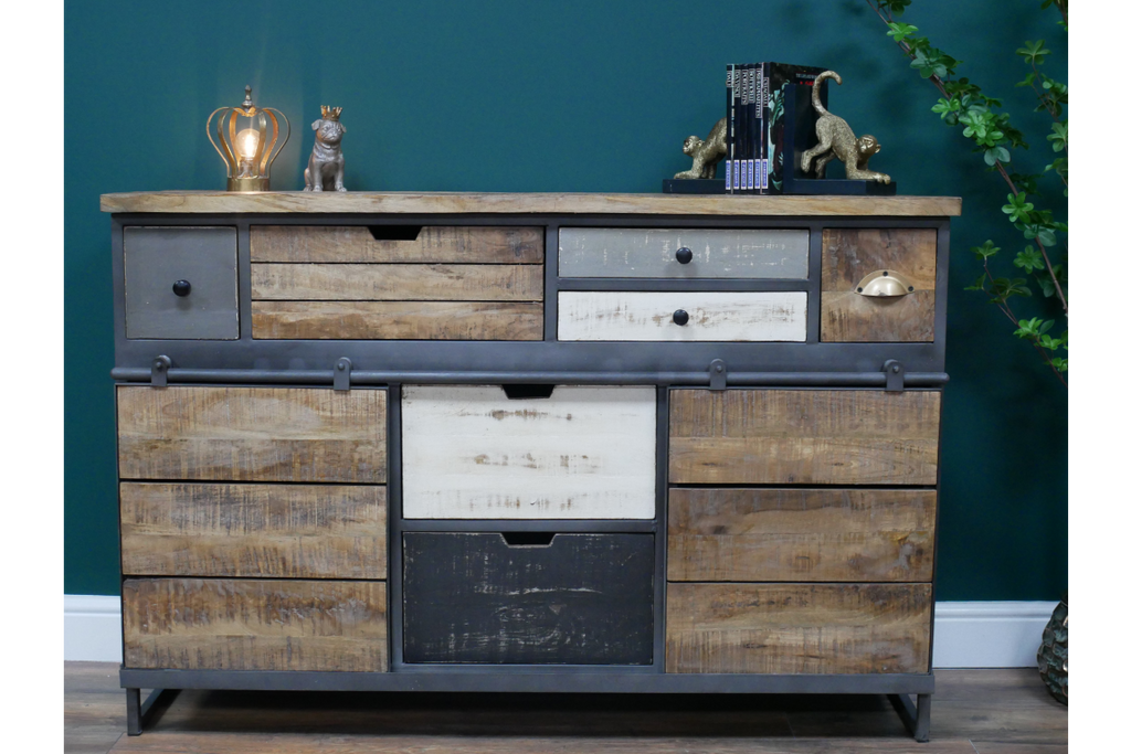 Rustic wood multi compartment storage sideboard cabinet.