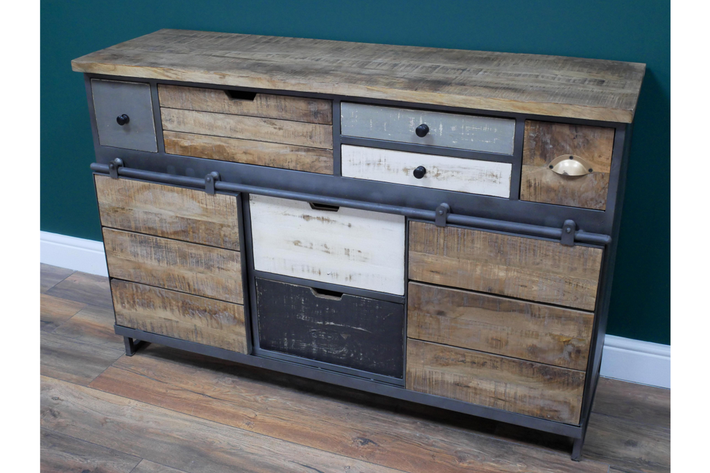 Rustic reclaimed wood multi compartment storage sideboard cabinet