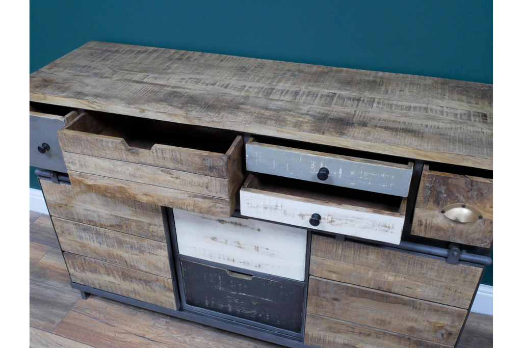 Rustic reclaimed wood multi compartment storage sideboard cabinet