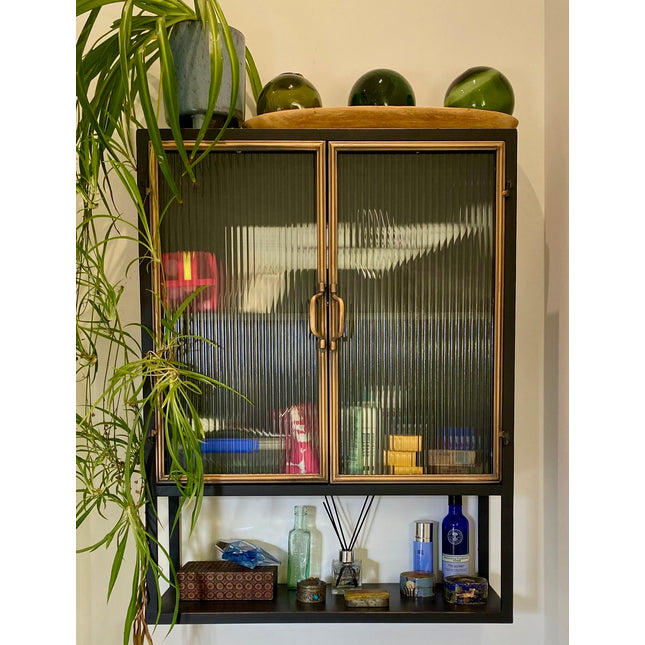 Black Industrial retro metal wall storage cabinet with ribbed glass doors
