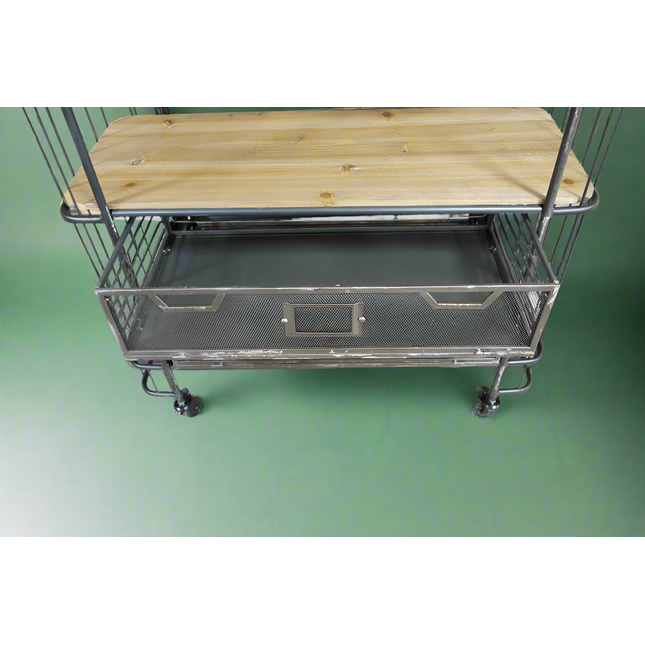Tall Metal caged & reclaimed wood baker shelves storage cabinet.
