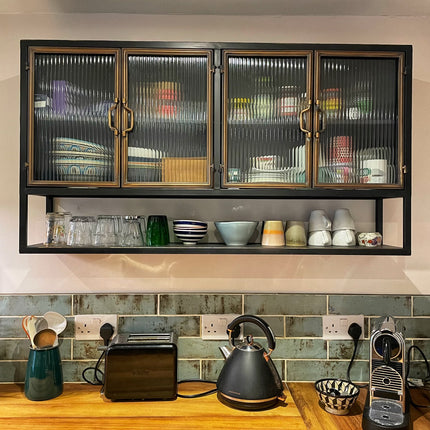 Black metal  wide wall storage cabinet with ribbed glass double doors