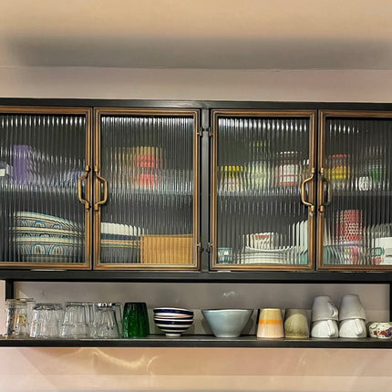Black metal  wide wall storage cabinet with ribbed glass double doors