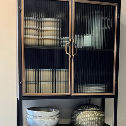 Black metal wall storage display cabinet with ribbed glass doors
